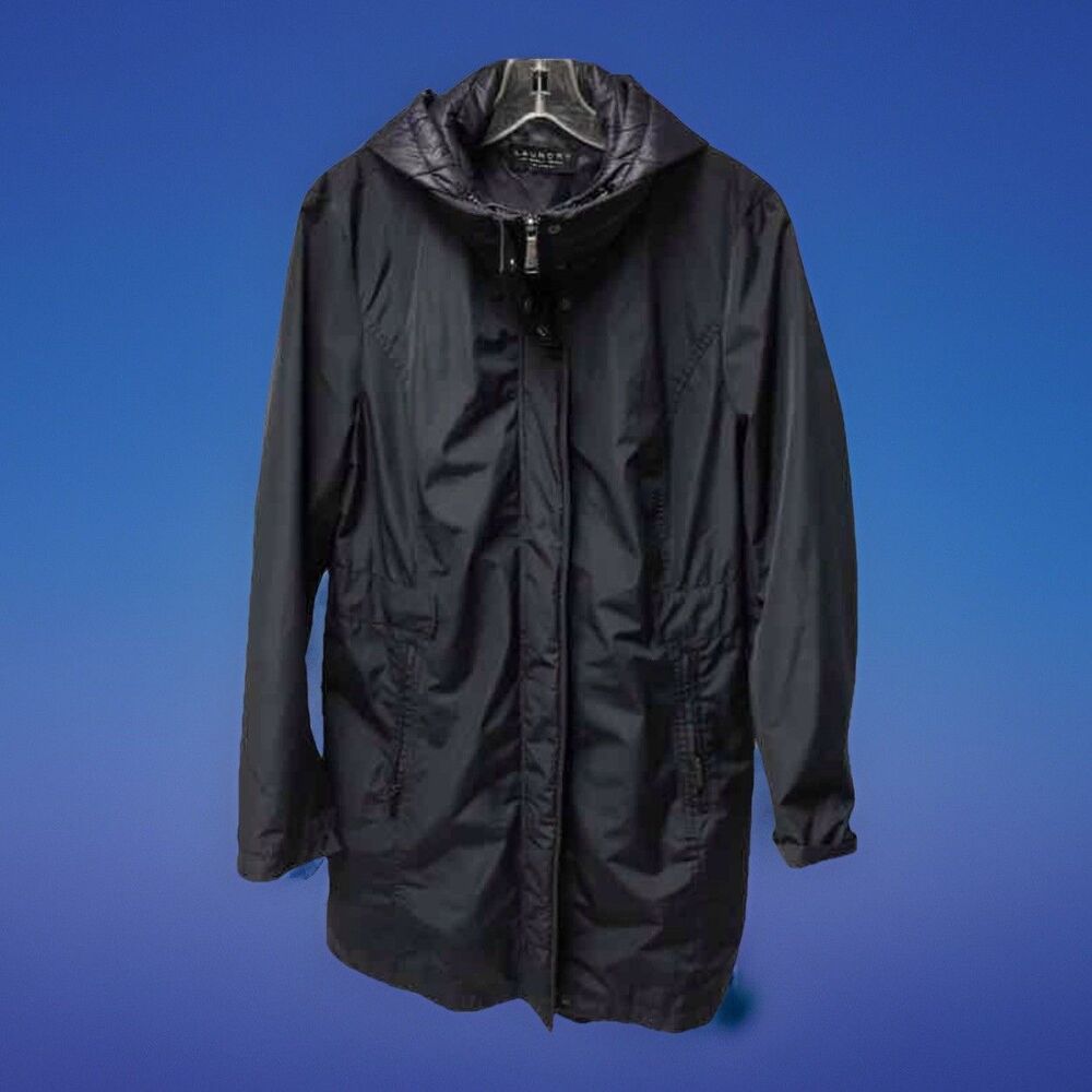 Laundry By Shelli Segal Black Hooded Raincoat Quilted Lined Jacket Coat L